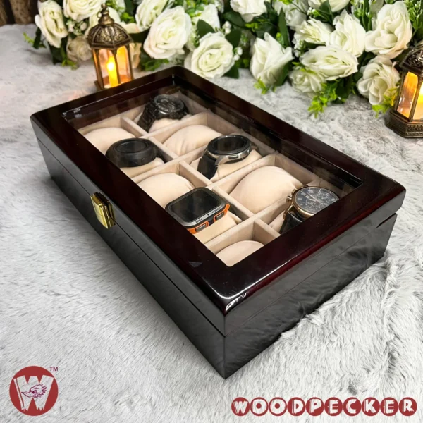 10 Slots Cream Off-white Velvet Wooden Watch Organizer Box - Image 5