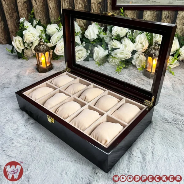 10 Slots Cream Off-white Velvet Wooden Watch Organizer Box - Image 9