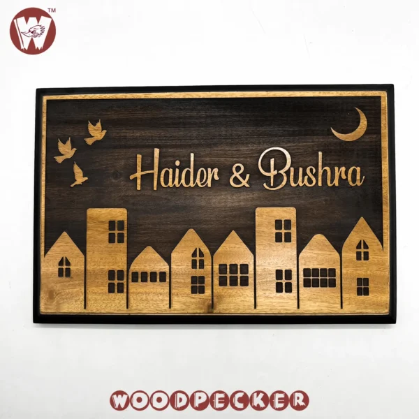 Mahogany Wood  Customized Door Nameplate with City night Design 12x8 inch - Image 6