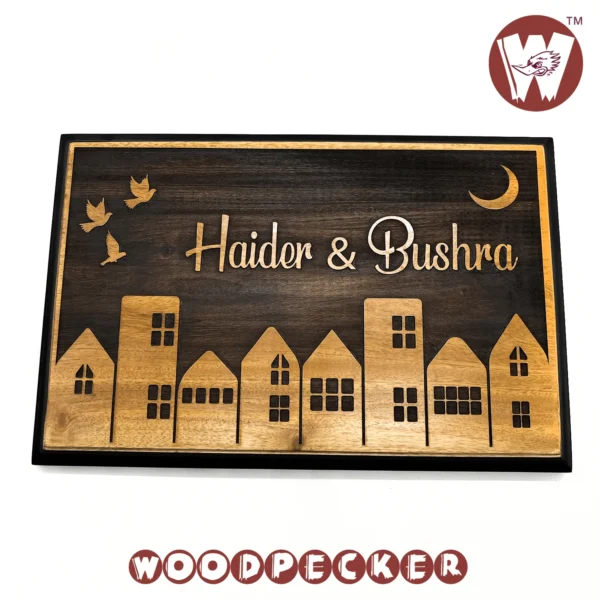 Mahogany Wood  Customized Door Nameplate with City night Design 12x8 inch