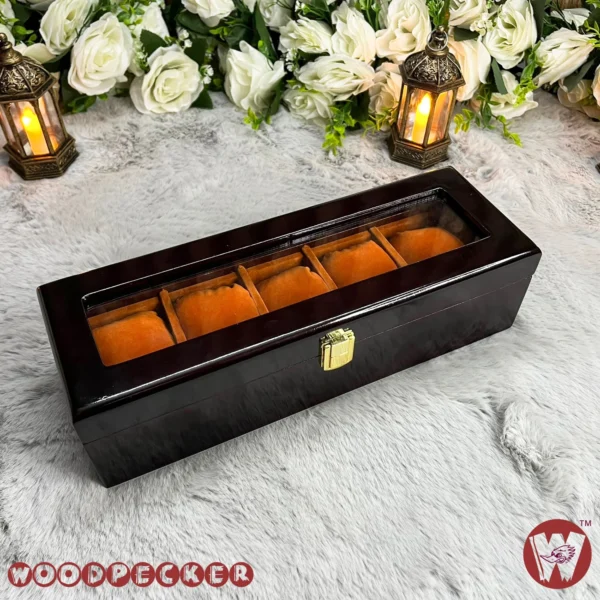 5 Slots  Orange Brown Velvet Wooden Watch Organizer Box - Image 2