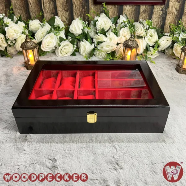 6 slots watch 4 slots sunglass Red Velvet Combo Wooden Organizer Box - Image 3