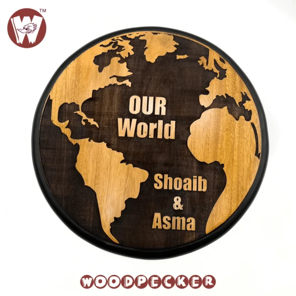 World Map Design Engraved Mahogany Wood  Customized Door Nameplate 12x12 inch