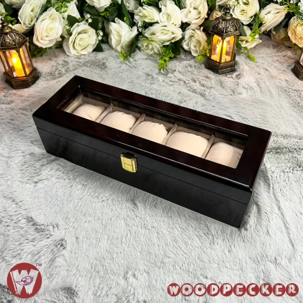 5 Slots  Cream Off-white Velvet Wooden Watch Organizer Box - Image 2