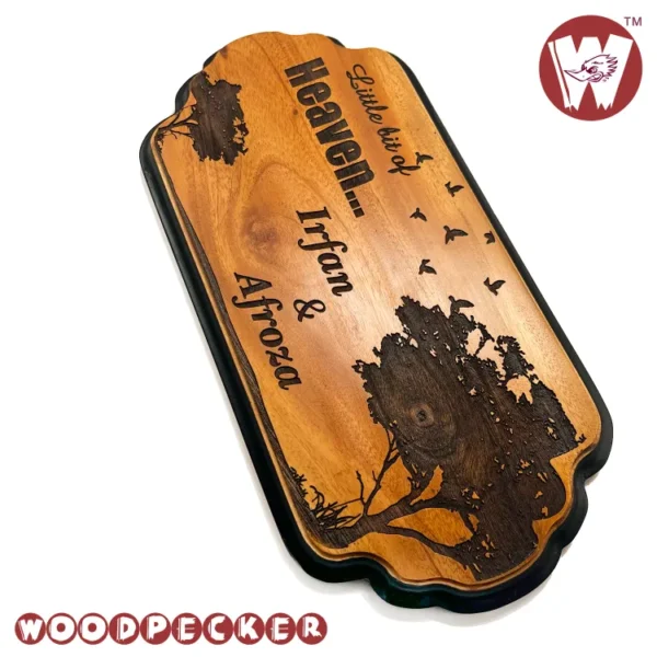 Mahogany Wood New Shaped Customized Door Nameplate with Tree & bird Design 12x6 inch - Image 4