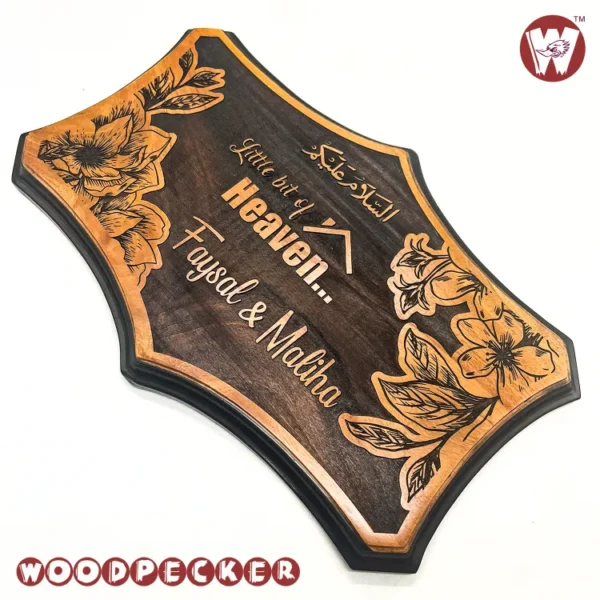 Mahogany Wood New Shaped  Customized Door Nameplate with Floral Design 12x8 inch - Image 4