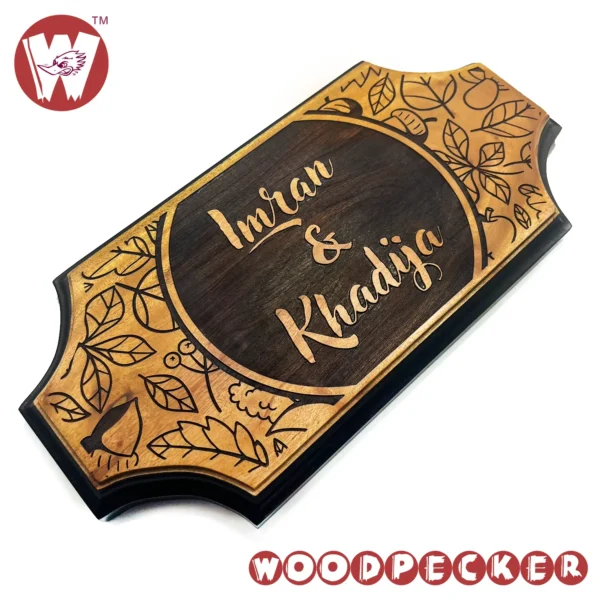 Mahogany Wood New Shaped Customized Door Nameplate with Leaf and Name design 12x6 inch - Image 3