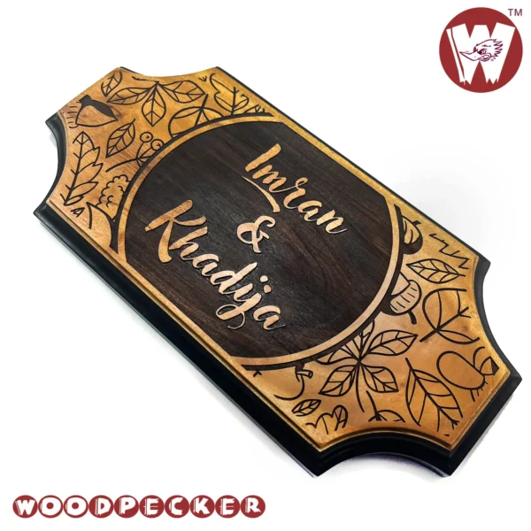 Mahogany Wood New Shaped Customized Door Nameplate with Leaf and Name design 12x6 inch - Image 4