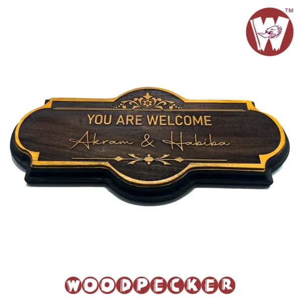 Mahogany Wood New Shaped Customized Door Nameplate with Welcome Design 12x6 inch - Image 3