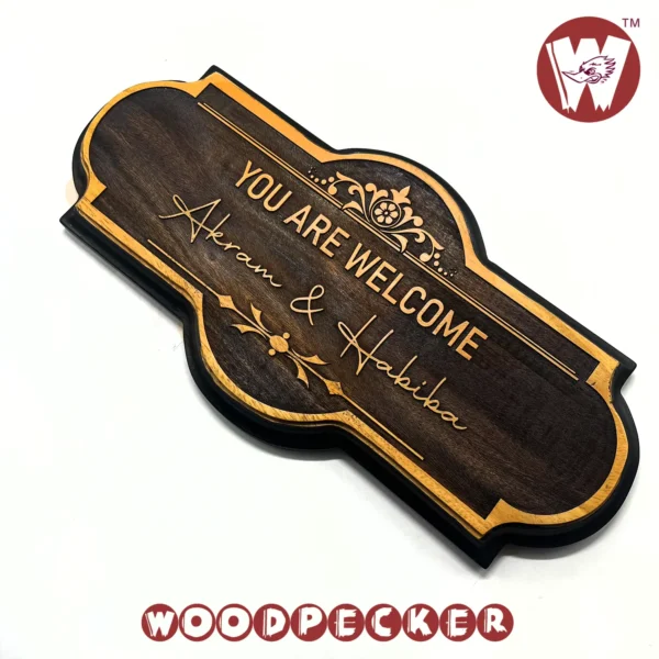 Mahogany Wood New Shaped Customized Door Nameplate with Welcome Design 12x6 inch - Image 4