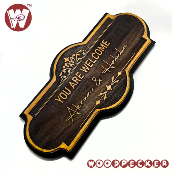 Mahogany Wood New Shaped Customized Door Nameplate with Welcome Design 12x6 inch - Image 5