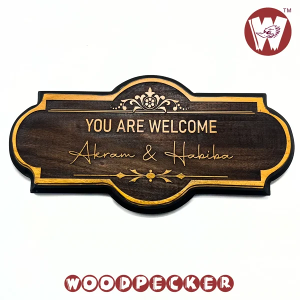 Mahogany Wood New Shaped Customized Door Nameplate with Welcome Design 12x6 inch