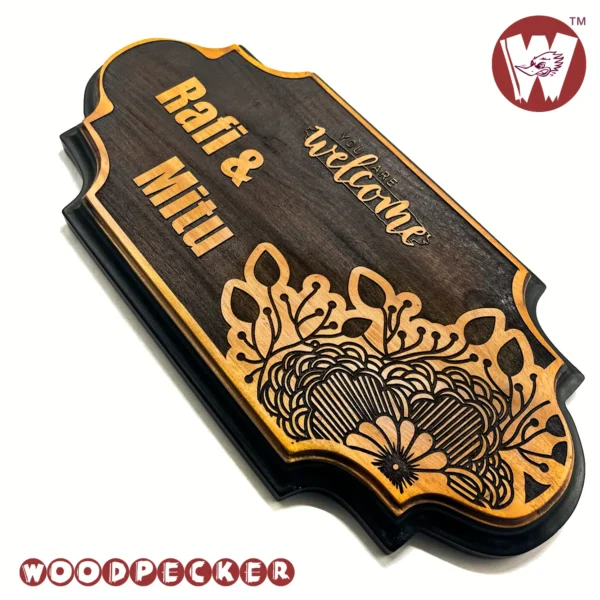 Mahogany Wood New Shaped Customized Door Nameplate with floral design 12x6 inch - Image 4