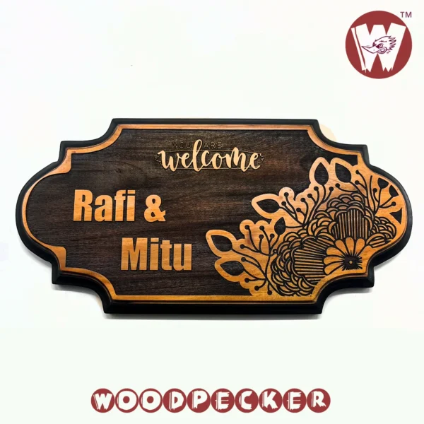 Mahogany Wood New Shaped Customized Door Nameplate with floral design 12x6 inch - Image 6