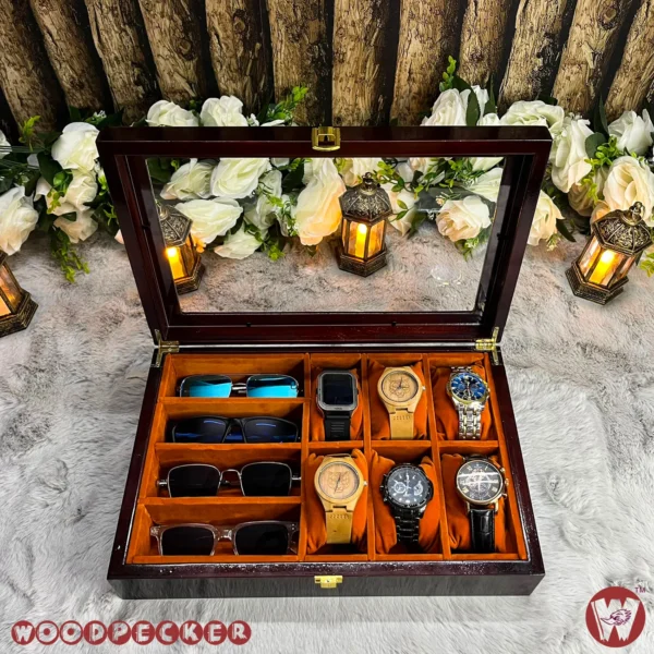 6 slots watch 4 slots sunglass  Orange brown Velvet Combo Wooden Organizer Box - Image 4