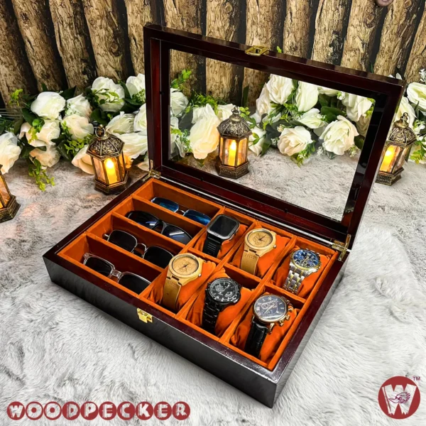 6 slots watch 4 slots sunglass  Orange brown Velvet Combo Wooden Organizer Box - Image 6