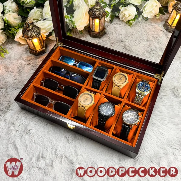 6 slots watch 4 slots sunglass  Orange brown Velvet Combo Wooden Organizer Box - Image 7