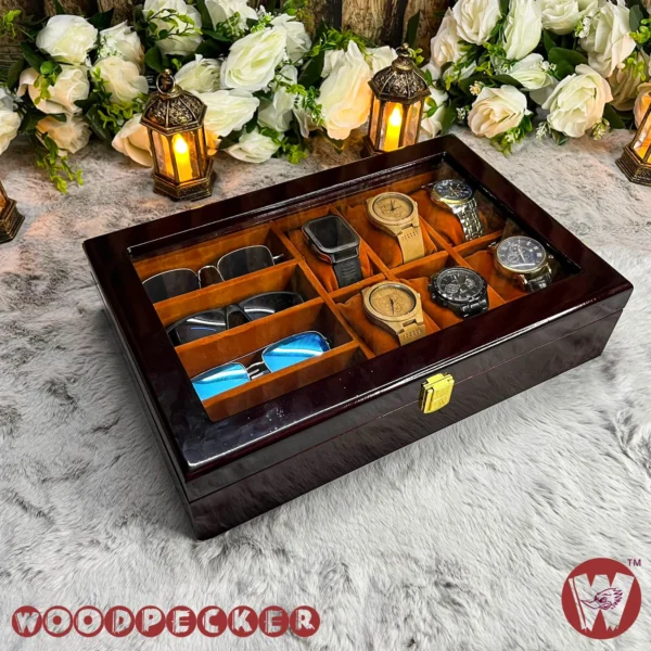 6 slots watch 4 slots sunglass  Orange brown Velvet Combo Wooden Organizer Box - Image 9