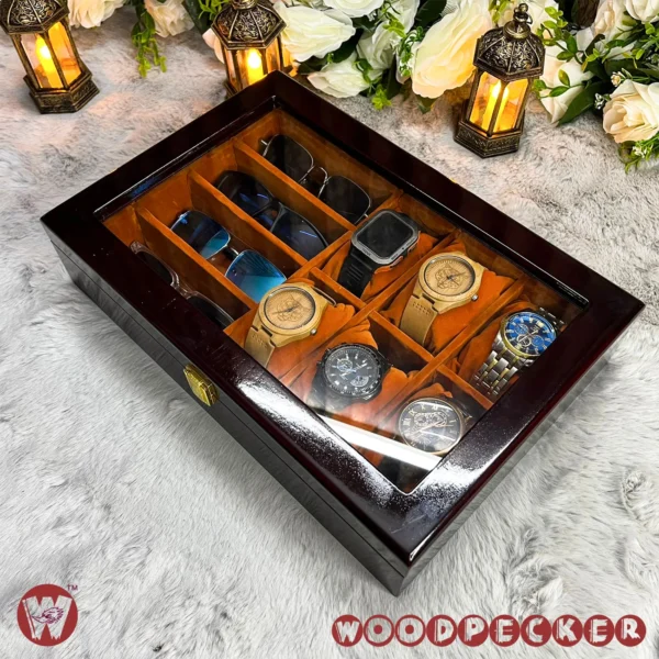 6 slots watch 4 slots sunglass  Orange brown Velvet Combo Wooden Organizer Box - Image 10