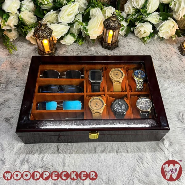 6 slots watch 4 slots sunglass  Orange brown Velvet Combo Wooden Organizer Box - Image 11