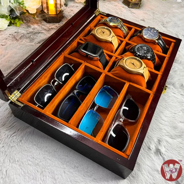 6 slots watch 4 slots sunglass  Orange brown Velvet Combo Wooden Organizer Box - Image 12