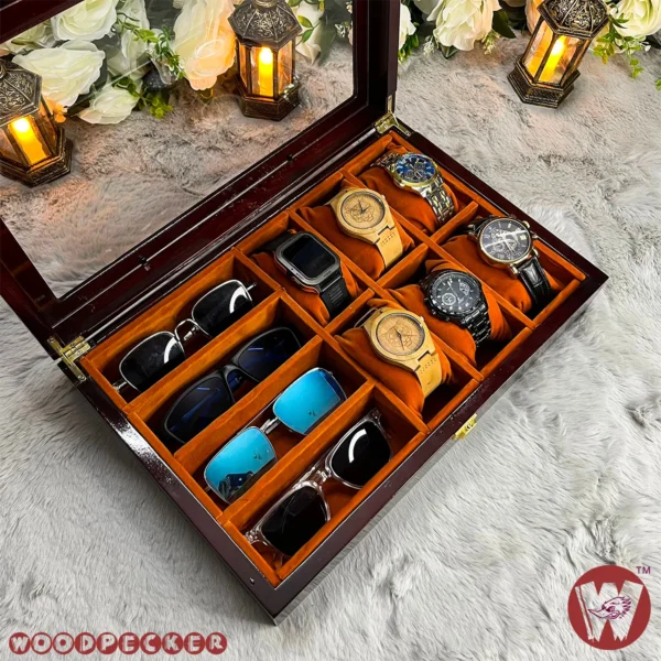 6 slots watch 4 slots sunglass  Orange brown Velvet Combo Wooden Organizer Box - Image 13