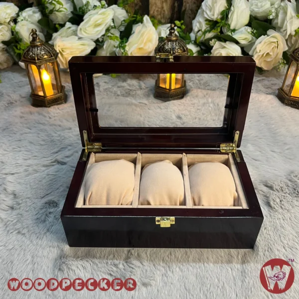 3 Slots  Cream Off-white Velvet Wooden Watch Organizer Box - Image 4