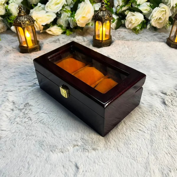 3 Slots  Orange Brown Velvet Wooden Watch Organizer Box - Image 3