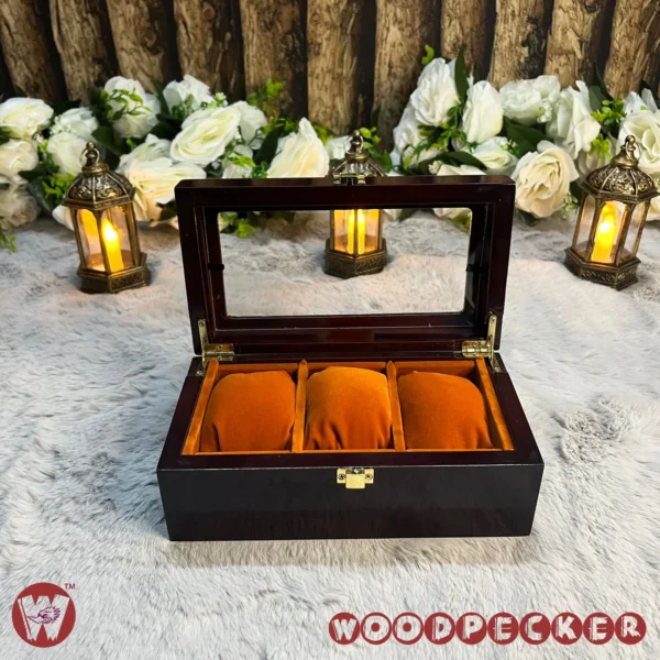 3 Slots  Orange Brown Velvet Wooden Watch Organizer Box - Image 5