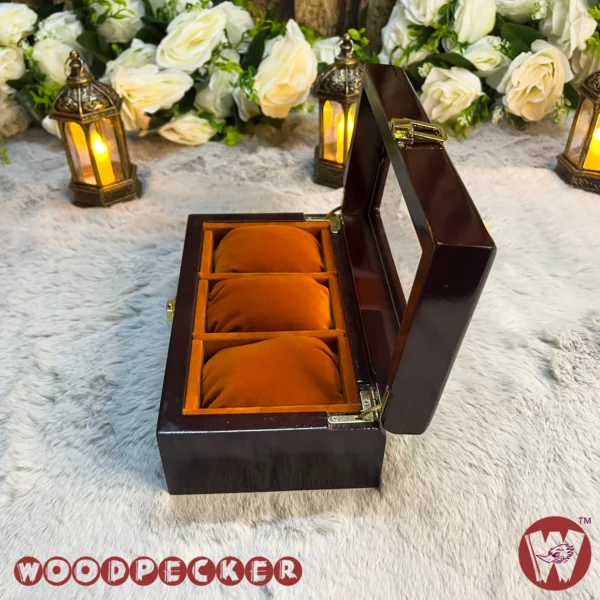 3 Slots  Orange Brown Velvet Wooden Watch Organizer Box - Image 6