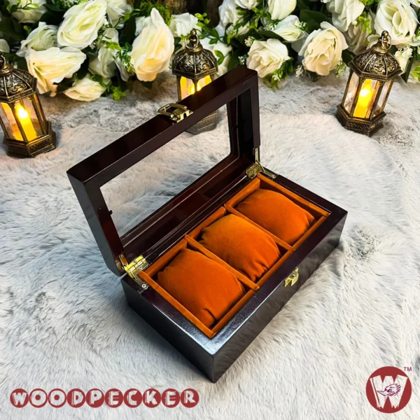 3 Slots  Orange Brown Velvet Wooden Watch Organizer Box