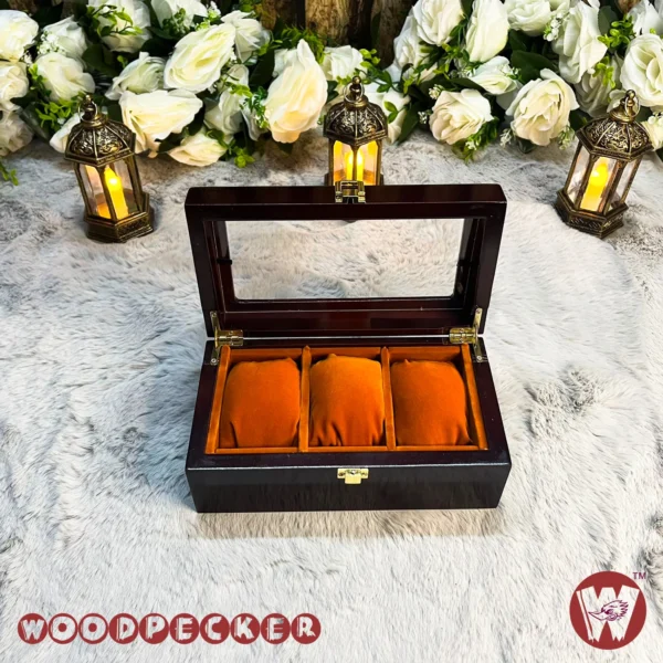 3 Slots  Orange Brown Velvet Wooden Watch Organizer Box - Image 7