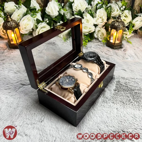 3 Slots  Cream Off-white Velvet Wooden Watch Organizer Box - Image 7