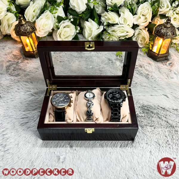 3 Slots  Cream Off-white Velvet Wooden Watch Organizer Box - Image 8