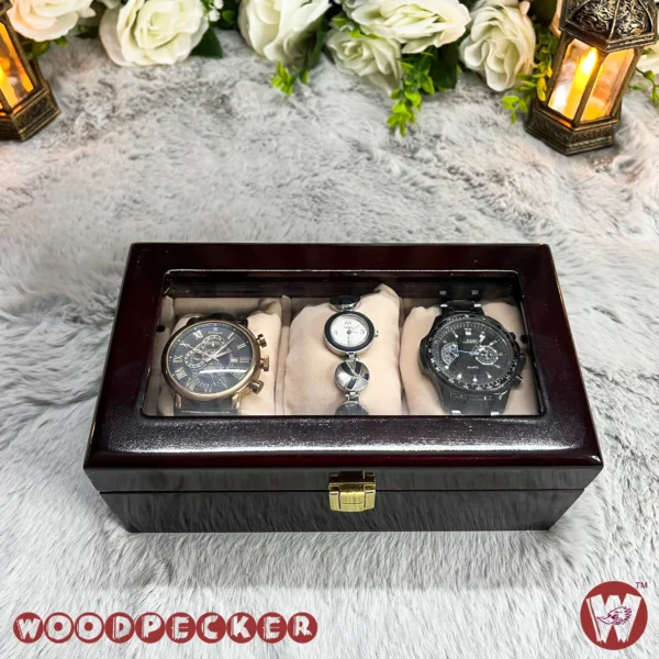 3 Slots  Cream Off-white Velvet Wooden Watch Organizer Box - Image 9