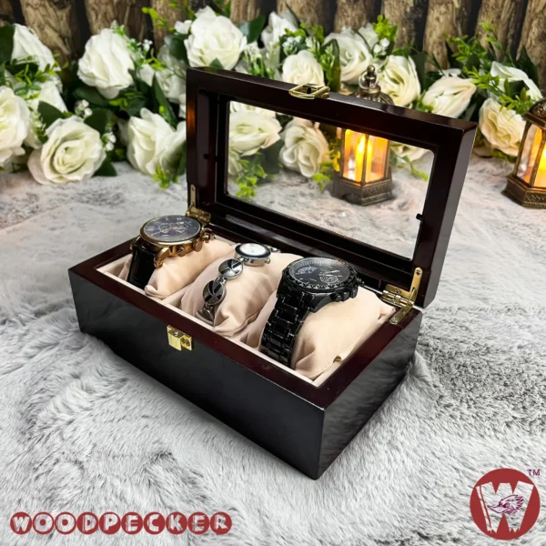 3 Slots  Cream Off-white Velvet Wooden Watch Organizer Box - Image 10