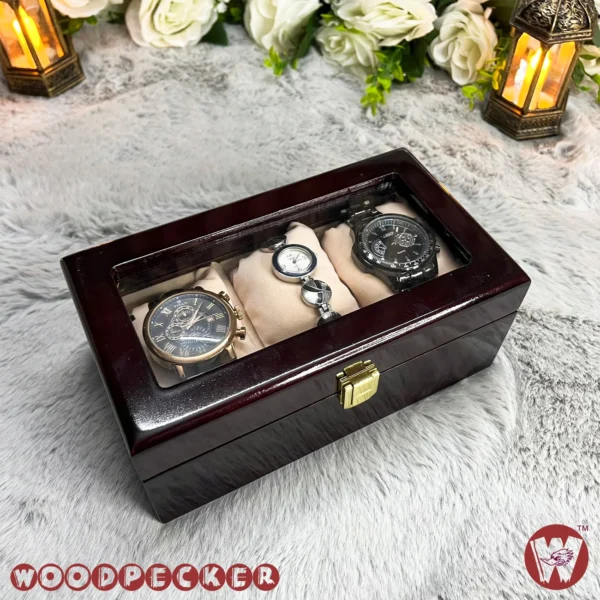 3 Slots  Cream Off-white Velvet Wooden Watch Organizer Box - Image 11