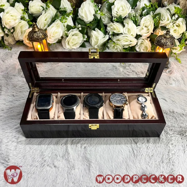 5 Slots  Cream Off-white Velvet Wooden Watch Organizer Box - Image 3