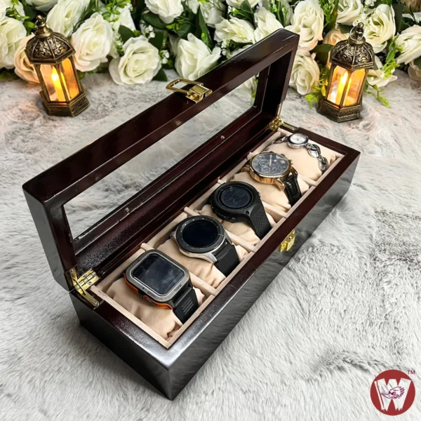 5 Slots  Cream Off-white Velvet Wooden Watch Organizer Box - Image 4