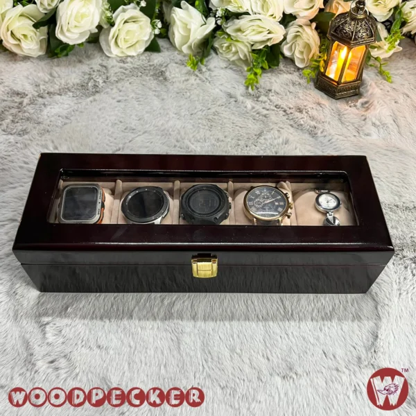 5 Slots  Cream Off-white Velvet Wooden Watch Organizer Box - Image 5