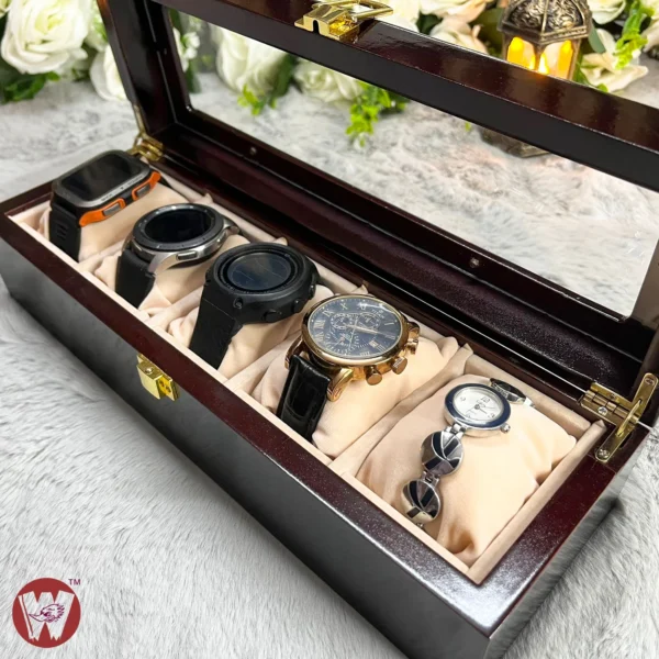 5 Slots  Cream Off-white Velvet Wooden Watch Organizer Box - Image 6