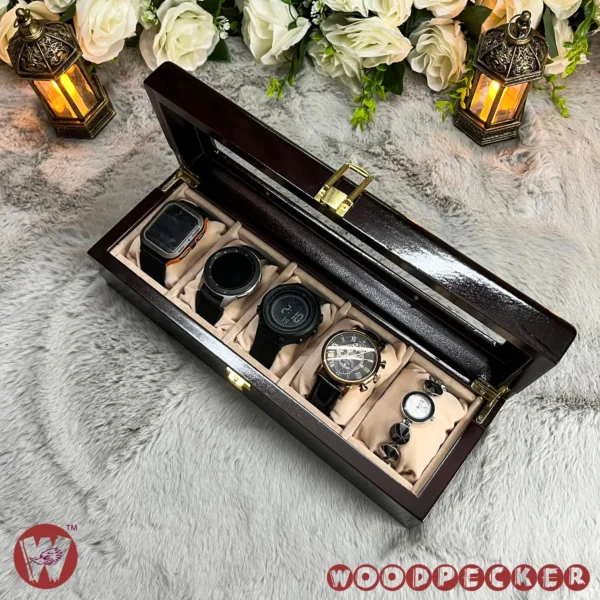 5 Slots  Cream Off-white Velvet Wooden Watch Organizer Box - Image 7