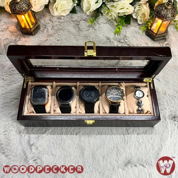 5 Slots  Cream Off-white Velvet Wooden Watch Organizer Box - Image 10