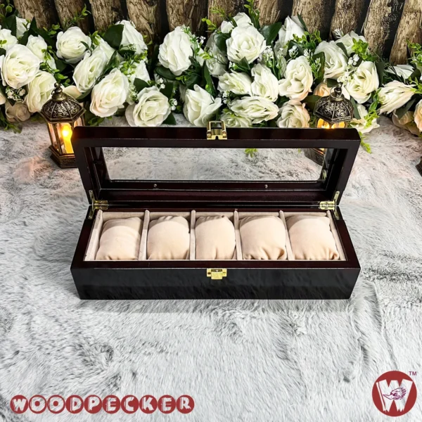 5 Slots  Cream Off-white Velvet Wooden Watch Organizer Box