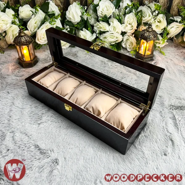 5 Slots  Cream Off-white Velvet Wooden Watch Organizer Box - Image 12