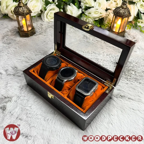 3 Slots  Orange Brown Velvet Wooden Watch Organizer Box - Image 8