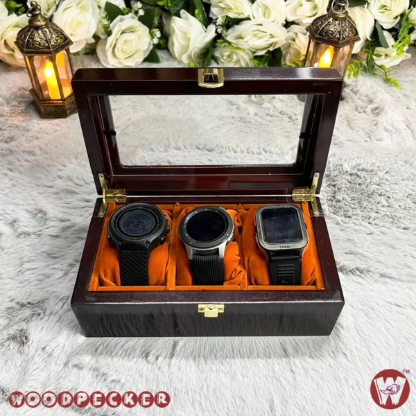 3 Slots  Orange Brown Velvet Wooden Watch Organizer Box - Image 9