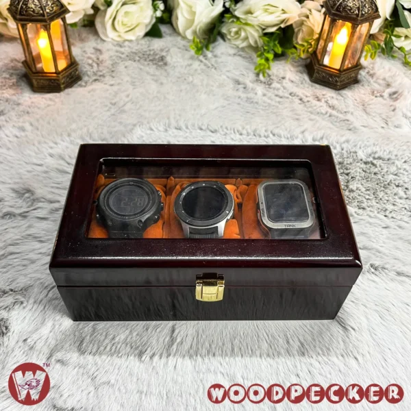 3 Slots  Orange Brown Velvet Wooden Watch Organizer Box - Image 10