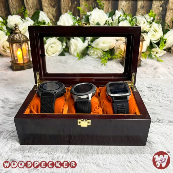 3 Slots  Orange Brown Velvet Wooden Watch Organizer Box - Image 11