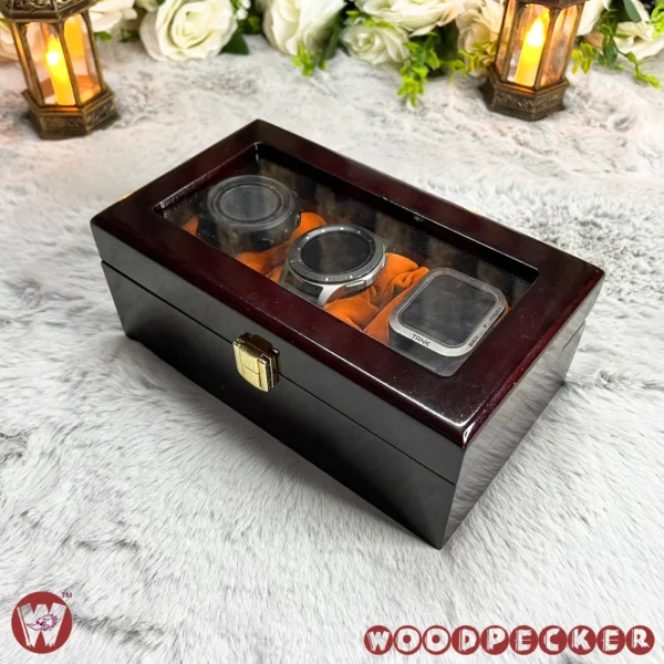 3 Slots  Orange Brown Velvet Wooden Watch Organizer Box - Image 12